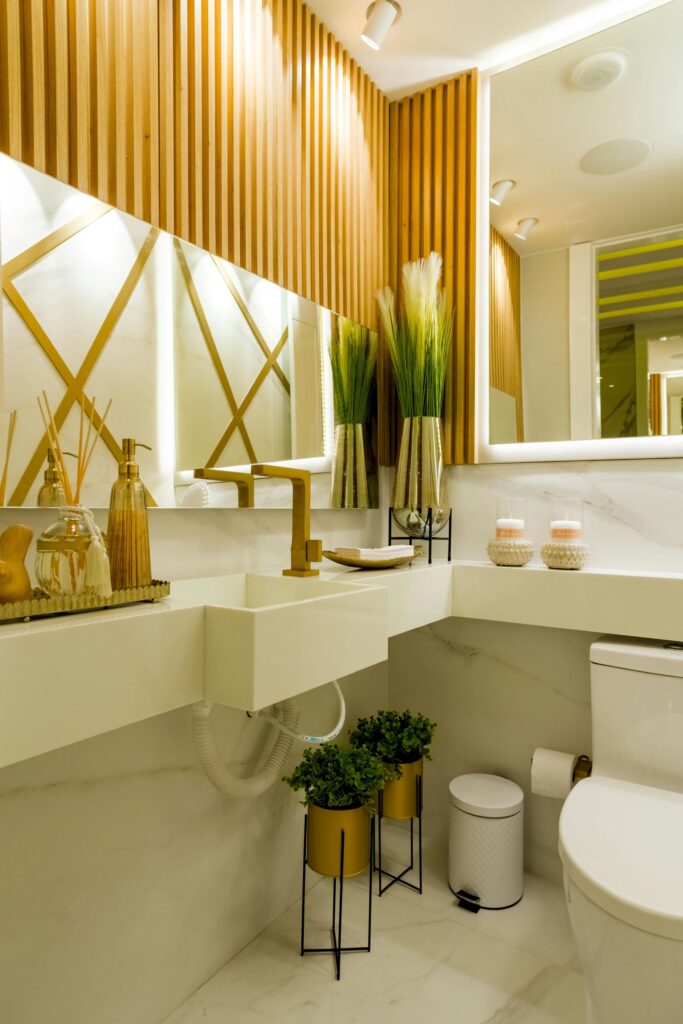 Asian Inspired Bathroom with bamboo paneled walls and greenery