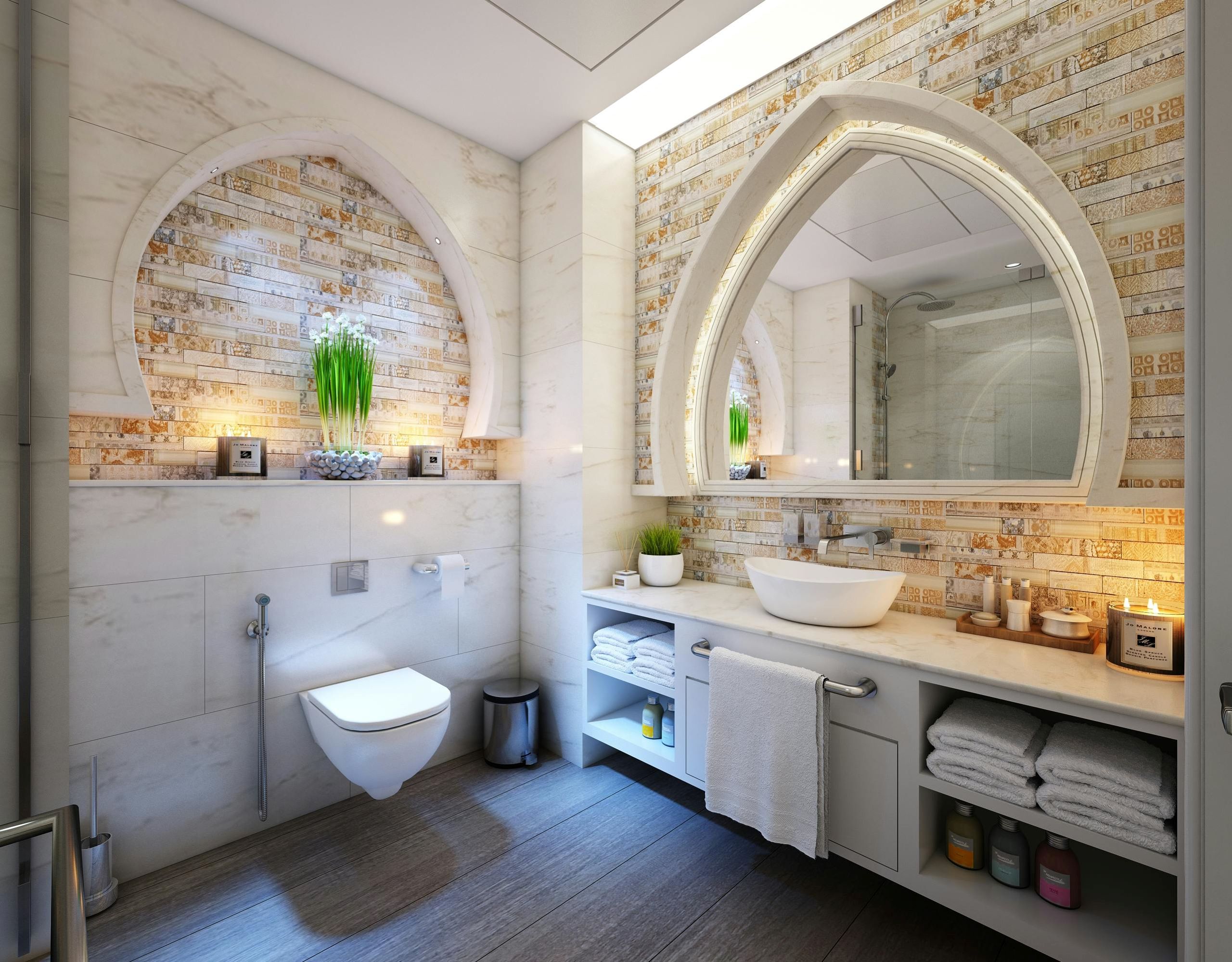 Mediterranean Bathroom with arches and stone