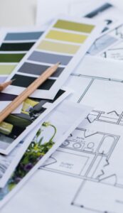 Renovation blueprints with colour swatches for design choices