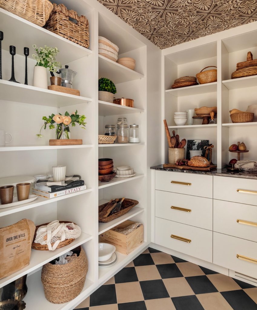 A newly remodelled kitchen pantry with custom shelving.