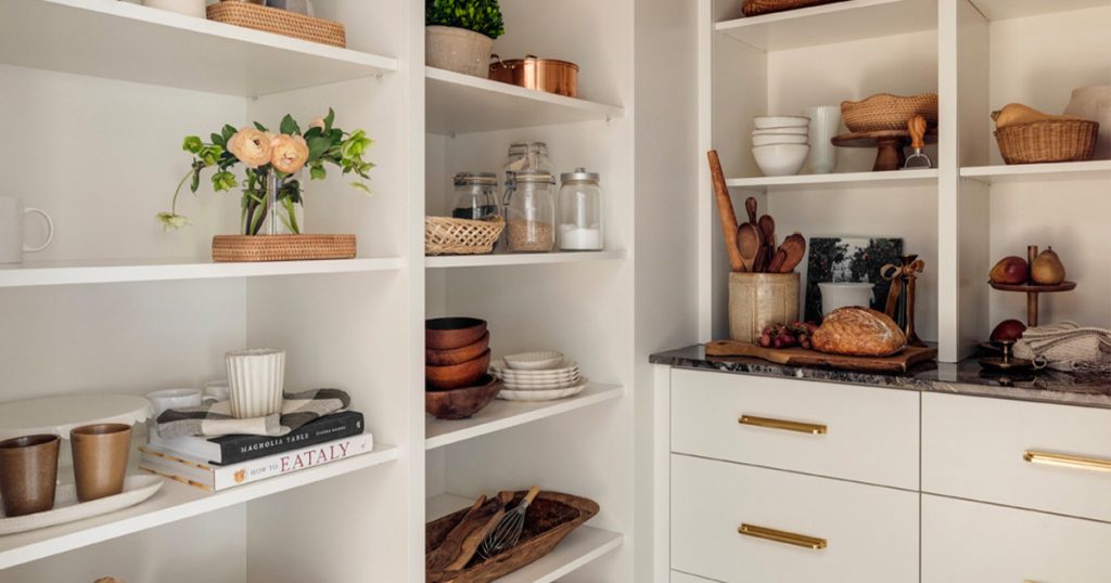 A newly built walk-in kitchen pantry.